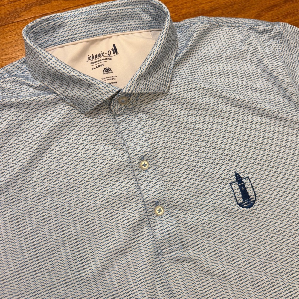 Johnnie-O Purpoodock Golf Club Performance Polo Shirt Mens XL Blue Geometric